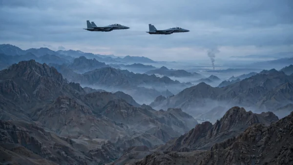 Two military fighter jets flying over rugged Afghan mountains with a distant plume of smoke on the horizon