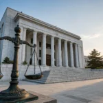 The columned facade of a Pakistani courthouse in Islamabad with a bronze scales-of-justice statue in the foreground and the Pakistani flag flying at sunset