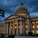 A grand domed government building with tall columns at dusk, the Pakistani flag flying from a tall flagpole in front, under a dark stormy sky
