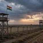Indian and Pakistani border watchtowers with national flags and barbed-wire fence at dusk along the international border near Kasur