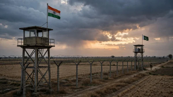 Indian and Pakistani border watchtowers with national flags and barbed-wire fence at dusk along the international border near Kasur