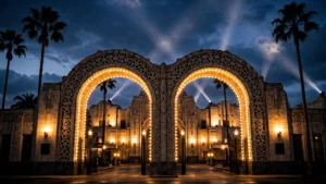 The illuminated front gates of a grand Hollywood film studio at dusk, with searchlights sweeping the evening sky, symbolising the Paramount–Warner Bros merger
