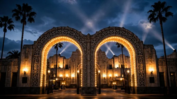 The illuminated front gates of a grand Hollywood film studio at dusk, with searchlights sweeping the evening sky, symbolising the Paramount–Warner Bros merger