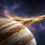 An artist's impression of a Jupiter-like gas giant planet orbiting a small white dwarf star, with a glowing stream of debris flowing between them
