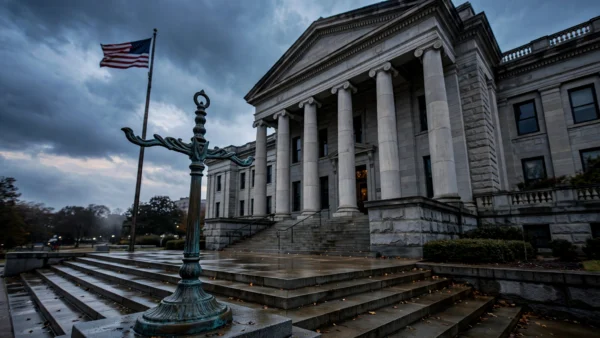 Stone courthouse steps with tall columns under a stormy dusk sky, an American flag flying at left and a bronze lamppost ornament in the foreground, symbolising the reopened Christa Pike lethal-injection case in Tennessee
