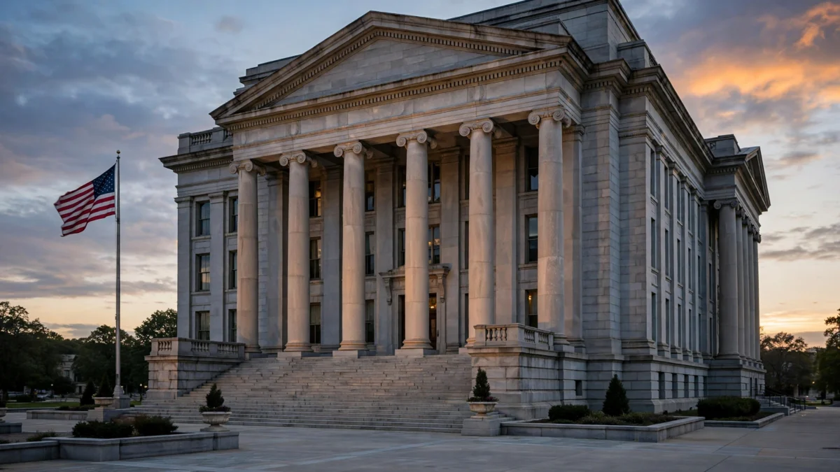A Tennessee state courthouse with tall stone columns at dusk, representing the Davidson County Chancery Court hearing on preserving evidence from Christa Pike's failed execution.