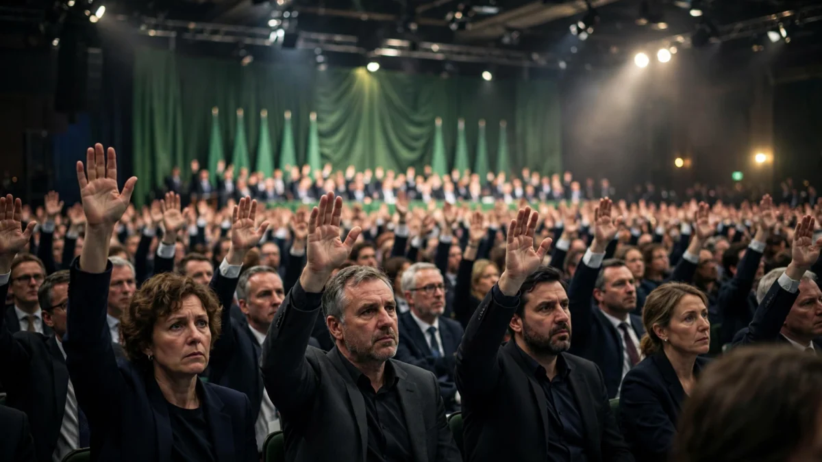 Delegates raising their hands to vote during a packed Green Party conference hall session