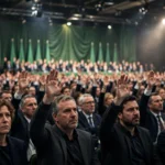 Delegates raising their hands to vote during a packed Green Party conference hall session