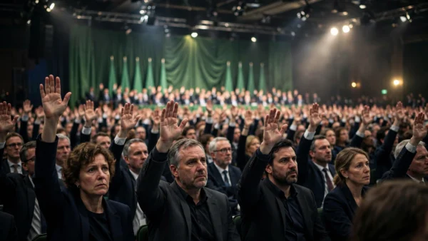 Delegates raising their hands to vote during a packed Green Party conference hall session