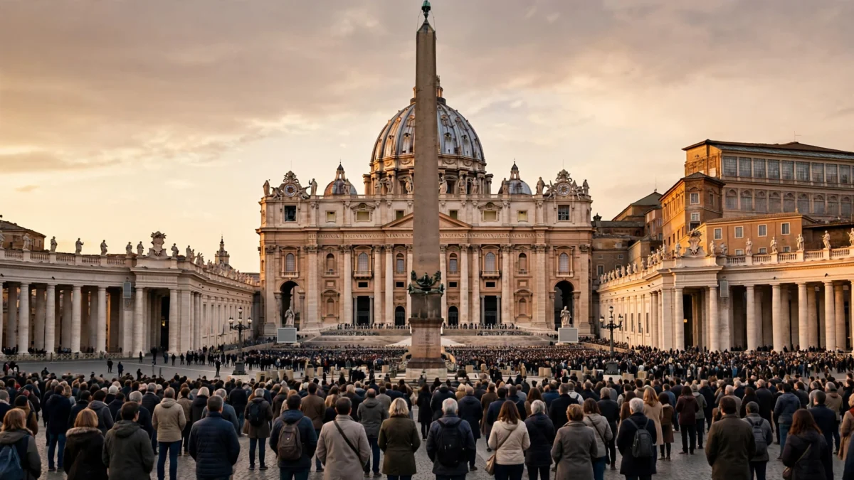 St. Peter's Square and Basilica at dusk with pilgrims gathered, the scene of Pope Leo XIV's Sunday announcement that he will undergo lung surgery this week.