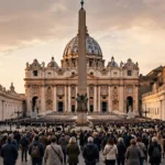 St. Peter's Square and Basilica at dusk with pilgrims gathered, the scene of Pope Leo XIV's Sunday announcement that he will undergo lung surgery this week.