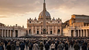St. Peter's Square and Basilica at dusk with pilgrims gathered, the scene of Pope Leo XIV's Sunday announcement that he will undergo lung surgery this week.