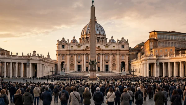 St. Peter's Square and Basilica at dusk with pilgrims gathered, the scene of Pope Leo XIV's Sunday announcement that he will undergo lung surgery this week.