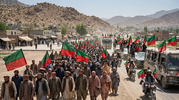 Crowd of PTI supporters with party flags on a highway in Lakki Marwat during the long march toward Islamabad