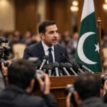 A government official addressing a packed press conference with microphones and the Pakistan flag behind him