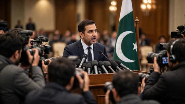 A government official addressing a packed press conference with microphones and the Pakistan flag behind him