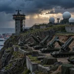 Fortified Russian Baltic coast at dusk with missile launchers, radar domes and warships near Kaliningrad