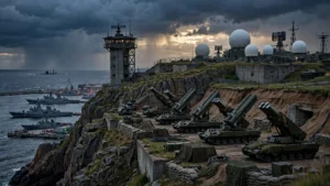 Fortified Russian Baltic coast at dusk with missile launchers, radar domes and warships near Kaliningrad