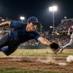 A baseball infielder diving for a ground ball at night under stadium floodlights, as a baserunner sprints toward the base during a playoff game