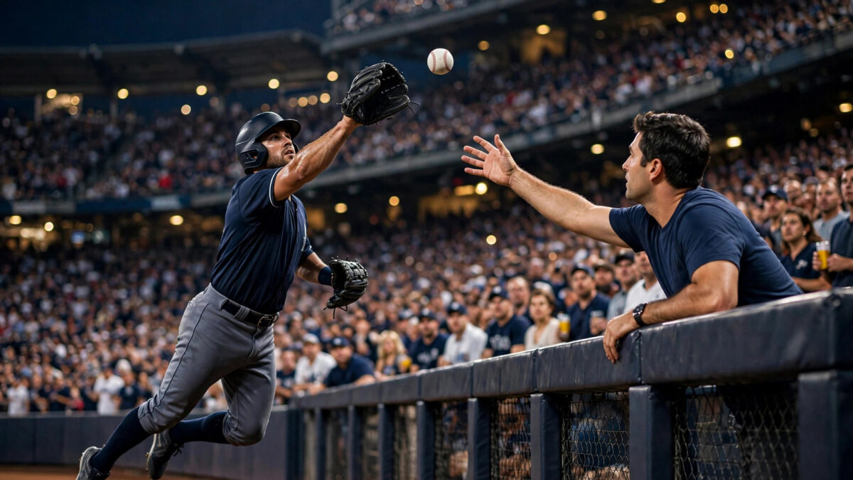 A left fielder leaps at the outfield wall under the floodlights of a packed stadium during a night playoff game as a spectator in a navy-blue shirt reaches over the fence for the same baseball