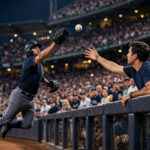 A left fielder leaps at the outfield wall under the floodlights of a packed stadium during a night playoff game as a spectator in a navy-blue shirt reaches over the fence for the same baseball