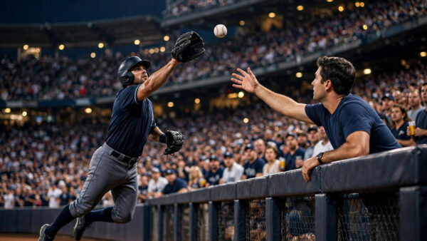 A left fielder leaps at the outfield wall under the floodlights of a packed stadium during a night playoff game as a spectator in a navy-blue shirt reaches over the fence for the same baseball