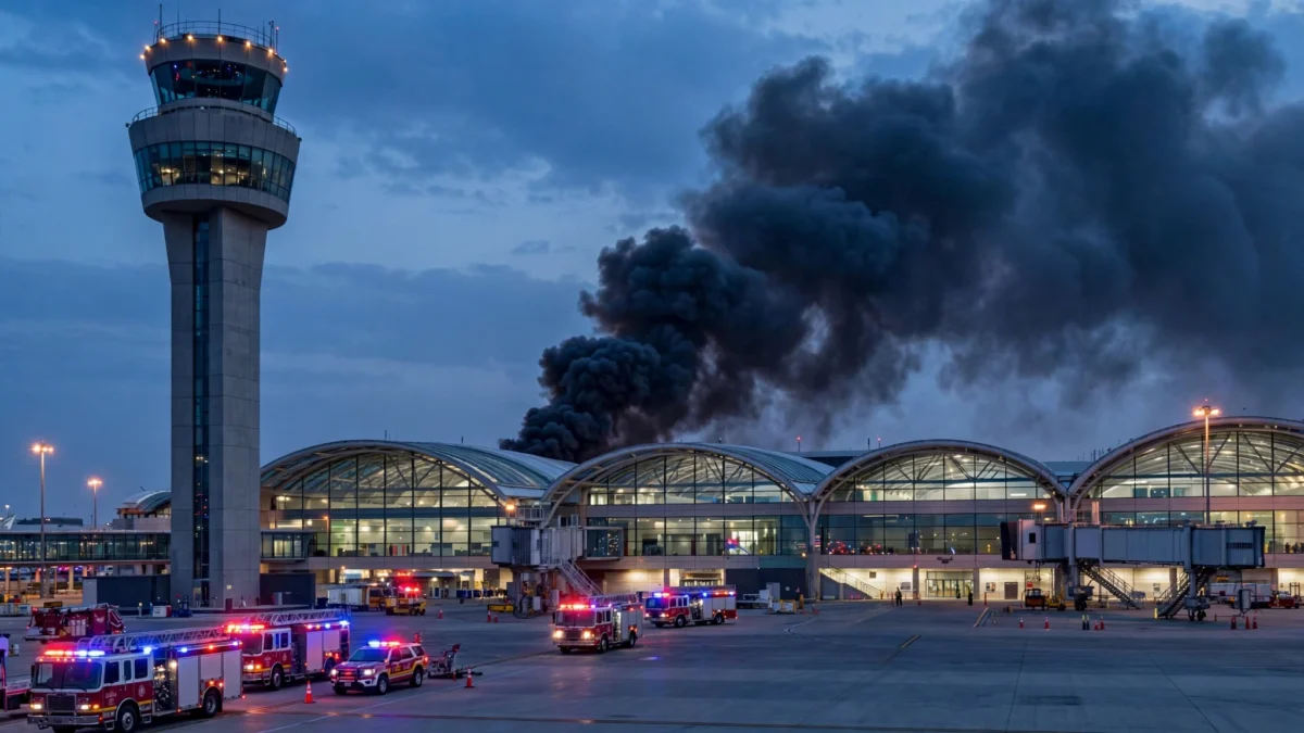 Smoke rising from King Khalid International Airport in Riyadh at dusk with fire engines on the tarmac after a missile strike