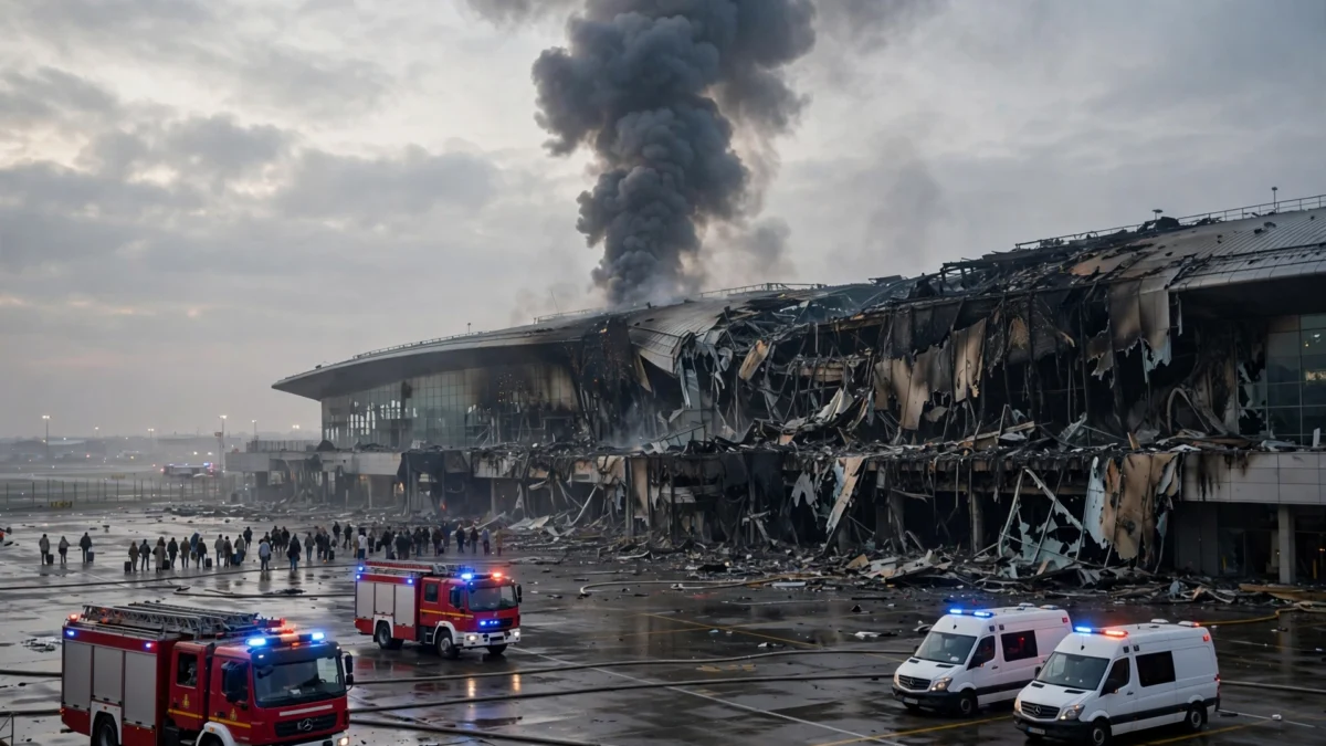 Damaged King Khalid International Airport terminal in Riyadh with smoke rising as fire engines and ambulances respond after the Houthi missile strike