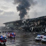 Damaged King Khalid International Airport terminal in Riyadh with smoke rising as fire engines and ambulances respond after the Houthi missile strike