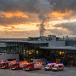 Damaged passenger terminal at King Khalid International Airport in Riyadh with a column of dark smoke rising from the roof, fire engines and ambulances with flashing lights on the tarmac at dusk
