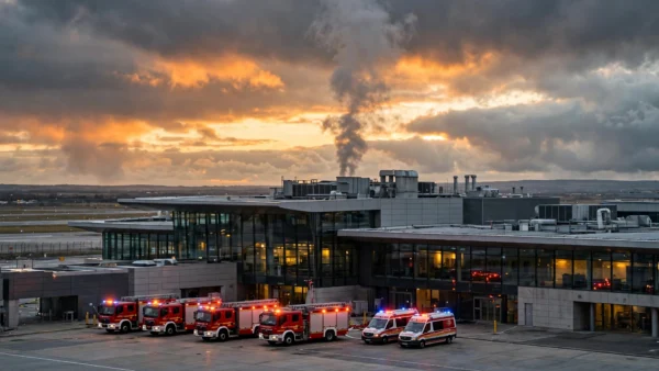 Damaged passenger terminal at King Khalid International Airport in Riyadh with a column of dark smoke rising from the roof, fire engines and ambulances with flashing lights on the tarmac at dusk
