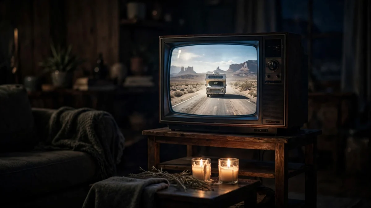 Memorial tribute for 'Breaking Bad' actor RJ Mitte: two lit candles burning in front of an old television glowing with a desert highway scene from the show that made him famous