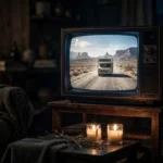 Memorial tribute for 'Breaking Bad' actor RJ Mitte: two lit candles burning in front of an old television glowing with a desert highway scene from the show that made him famous
