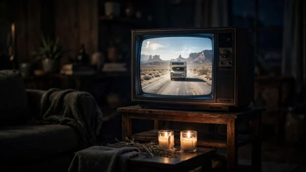 Memorial tribute for 'Breaking Bad' actor RJ Mitte: two lit candles burning in front of an old television glowing with a desert highway scene from the show that made him famous