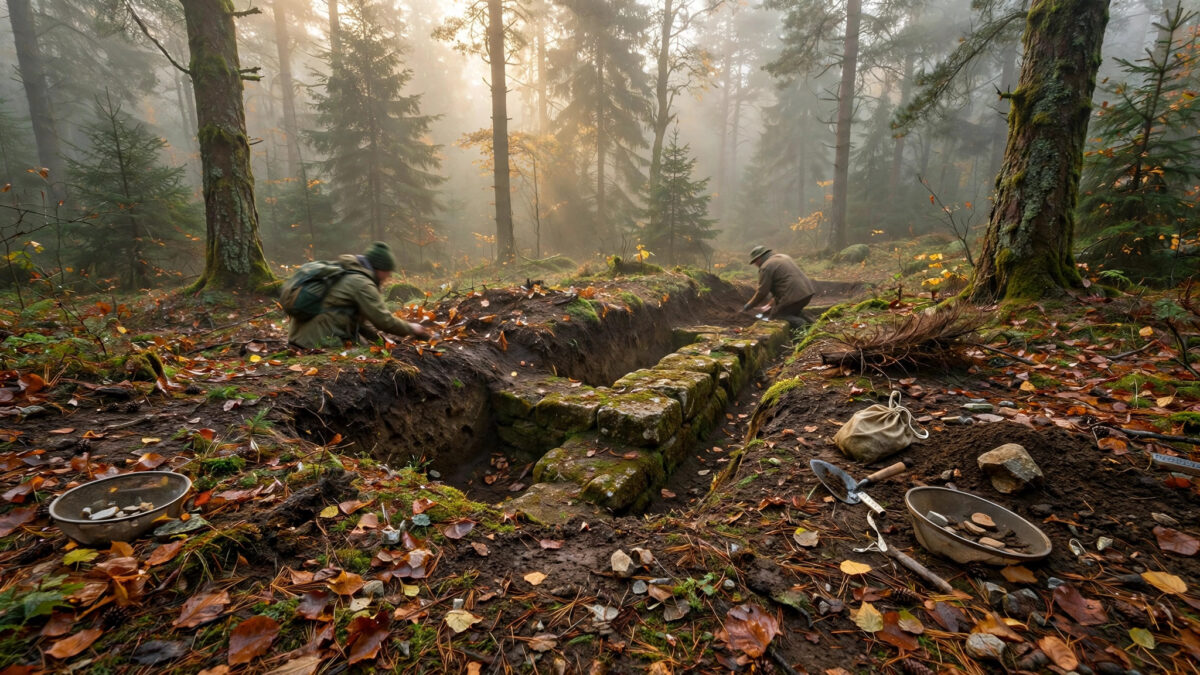 Archaeologists uncovering the stone foundations of a 1,800-year-old Roman temple to Mars beneath the forest floor in Germany's Taunus Mountains
