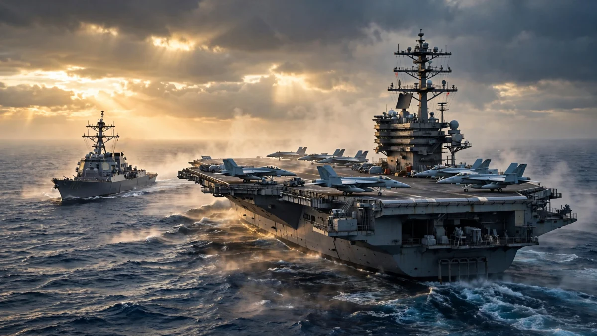 US Navy Nimitz-class aircraft carrier with fighter jets on its flight deck sailing alongside a guided-missile destroyer at dawn.