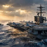 US Navy Nimitz-class aircraft carrier with fighter jets on its flight deck sailing alongside a guided-missile destroyer at dawn.