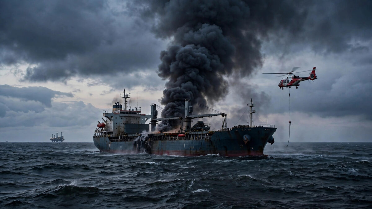 Cargo ship with thick black smoke rising from its deck on the Black Sea at dusk, a red-and-white rescue helicopter hovering nearby