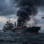 Cargo ship with thick black smoke rising from its deck on the Black Sea at dusk, a red-and-white rescue helicopter hovering nearby