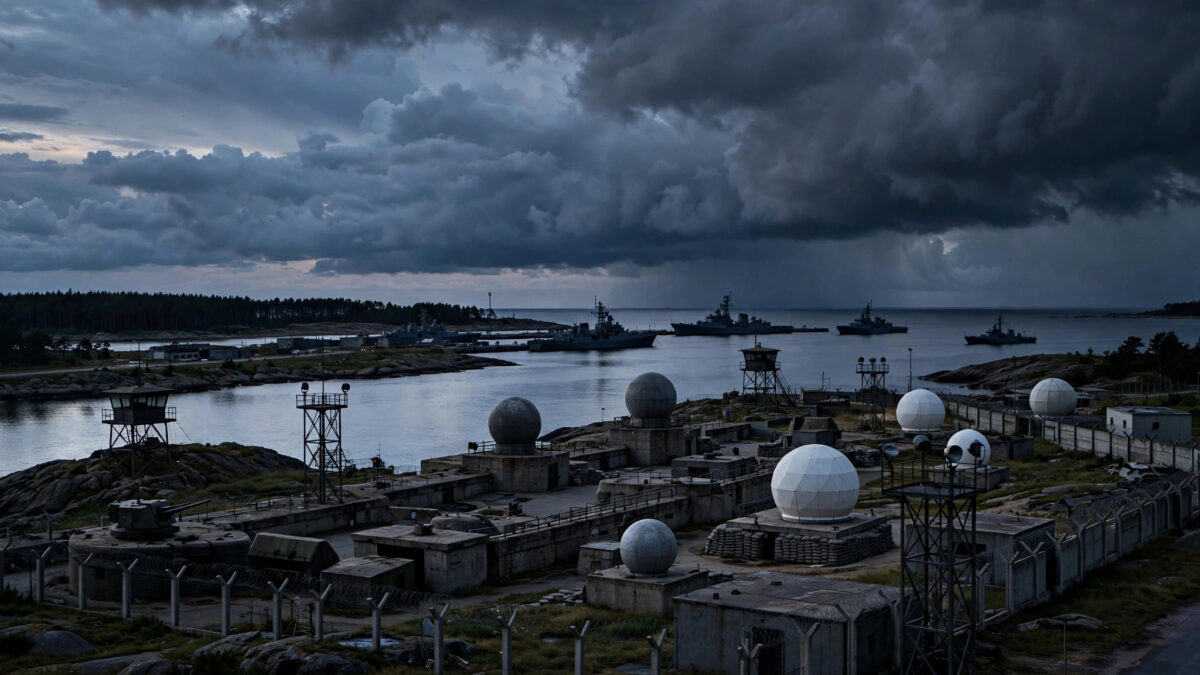 Fortified Russian coastal military installation on the Baltic Sea at dusk, with warships and radar domes under dark storm clouds