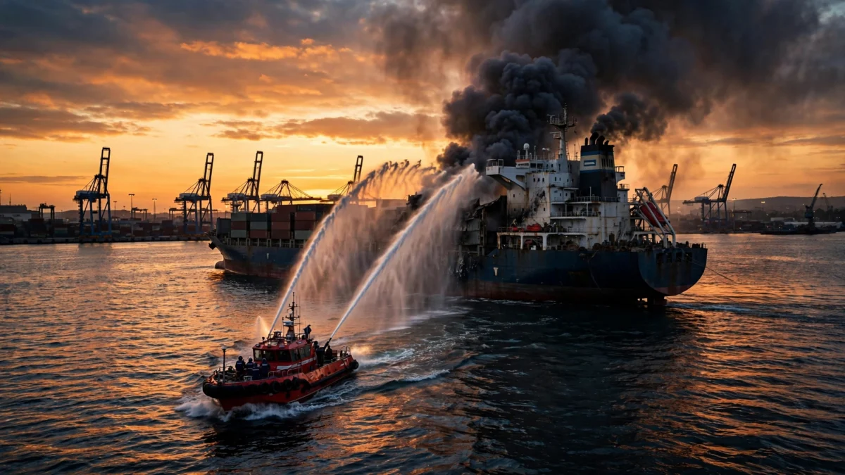 Cargo ship with smoke rising from its superstructure at an Odesa-region Black Sea port at dusk while a fireboat responds, after a reported Russian strike