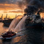 Cargo ship with smoke rising from its superstructure at an Odesa-region Black Sea port at dusk while a fireboat responds, after a reported Russian strike