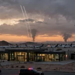 A regional airport terminal with control tower and parked aircraft at dusk, with missile contrails and distant smoke columns on the horizon