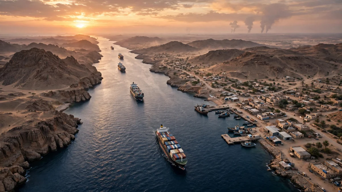 Aerial view of the Bab el-Mandeb strait at dusk with cargo ships in the shipping lane, a Yemeni coastal port town, and smoke columns on the horizon.