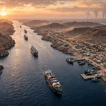 Aerial view of the Bab el-Mandeb strait at dusk with cargo ships in the shipping lane, a Yemeni coastal port town, and smoke columns on the horizon.
