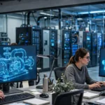 Engineers working on 3D industrial machinery designs on monitors beside data-center server racks