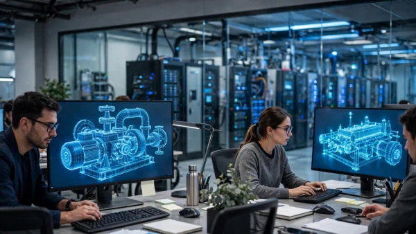 Engineers working on 3D industrial machinery designs on monitors beside data-center server racks