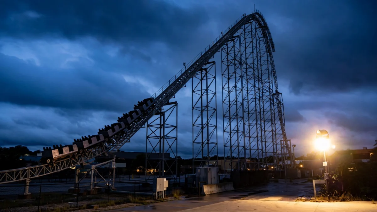A tall steel roller coaster towering over a theme park at dusk.