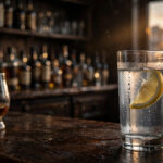 A tall glass of clear water with a lemon slice on a bar counter, a whisky glass pushed aside in the blurred background, symbolising Sober October.