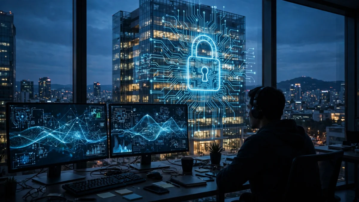 A bank headquarters tower at dusk overlaid with a glowing padlock hologram as a cybersecurity analyst monitors network-defence screens